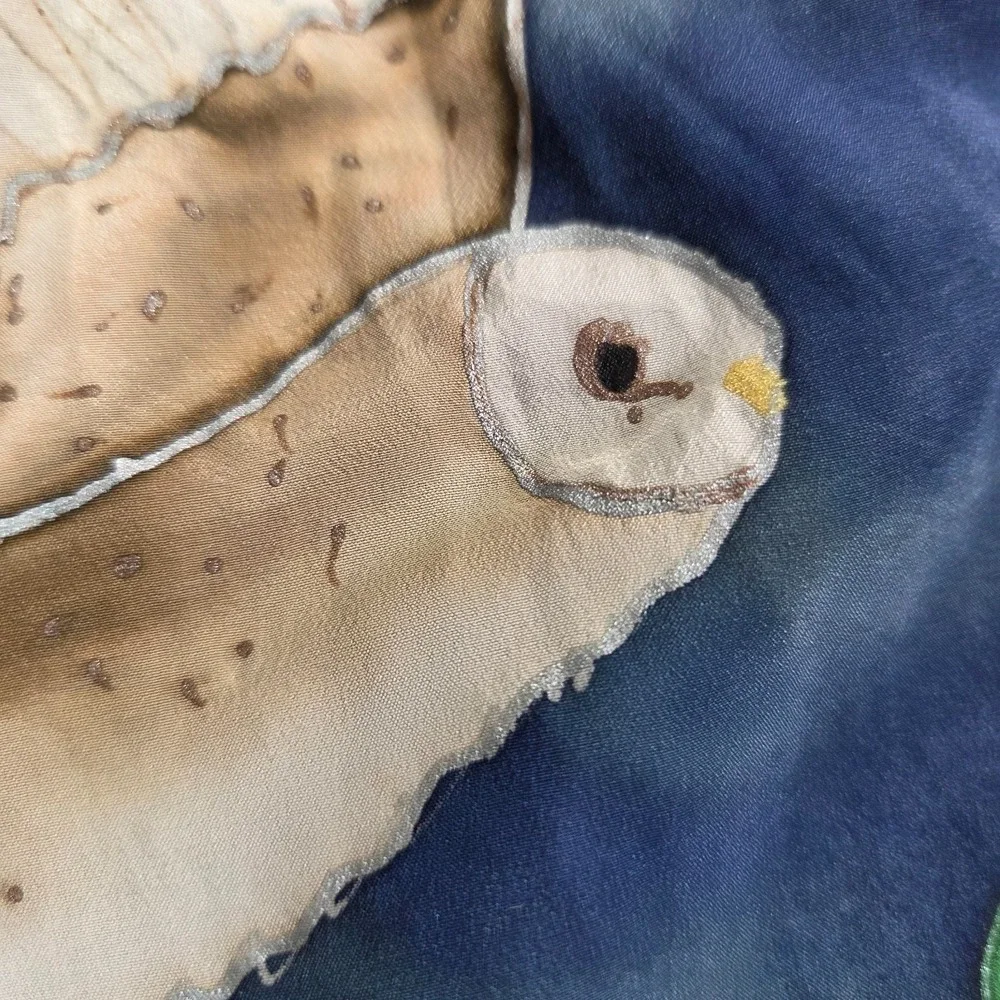 Hand painted silk scarf one of a kind Barn‎ Owl Nature Signed 65X15 Handmade